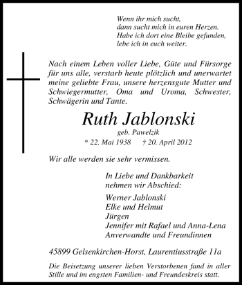 Traueranzeige von Ruth Jablonski von Tageszeitung