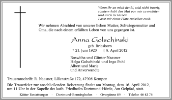 Traueranzeige von Anna Golschinski von Tageszeitung