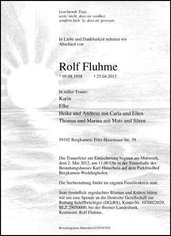 Traueranzeige von Rolf Fluhme von Tageszeitung
