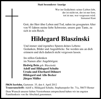 Traueranzeige von Hildegard Blaszinski von Tageszeitung