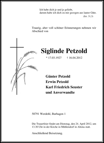 Traueranzeige von Siglinde Petzold von Tageszeitung
