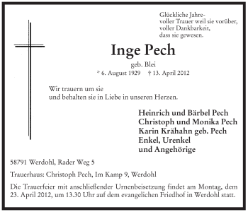 Traueranzeige von Inge Pech von Tageszeitung