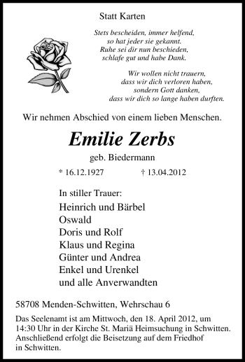 Traueranzeige von Emilie Zerbs von Tageszeitung