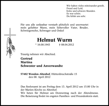 Traueranzeige von Helmut Wurm von Tageszeitung