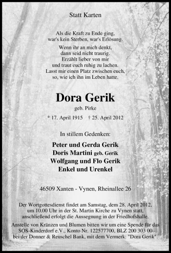Traueranzeige von Dora Gerik von Tageszeitung