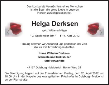 Traueranzeige von Helga Derksen von Tageszeitung