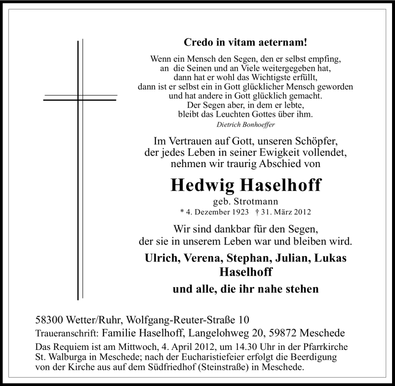  Traueranzeige für Hedwig Haselhoff vom 02.04.2012 aus Tageszeitung