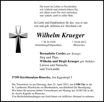Traueranzeige von Wilhelm Krueger von Tageszeitung