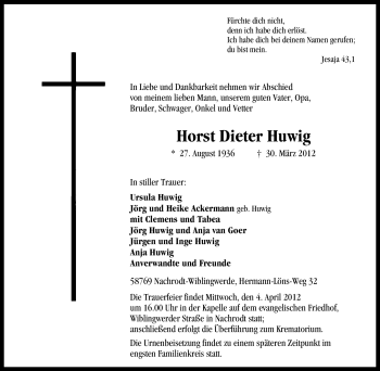 Traueranzeige von Horst Dieter Huwig von Tageszeitung
