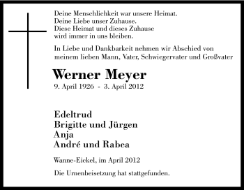 Traueranzeige von Werner Meyer von Tageszeitung