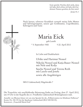 Traueranzeige von Maria Eick von Tageszeitung