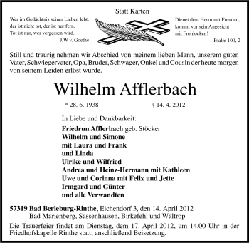 Traueranzeige von Wilhelm Afflerbach von Tageszeitung
