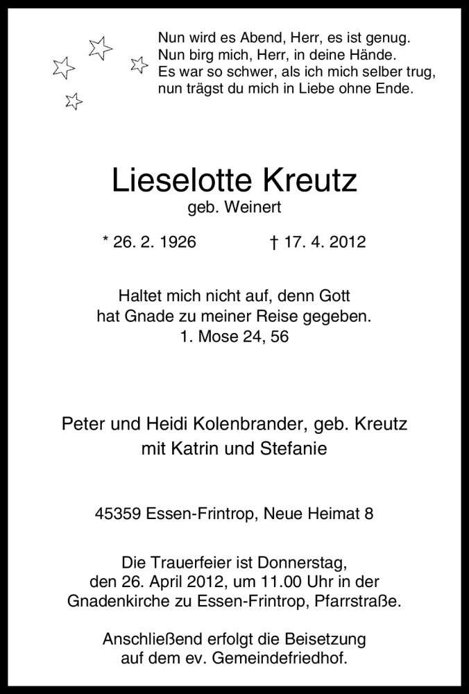  Traueranzeige für Lieselotte Kreutz vom 21.04.2012 aus Tageszeitung