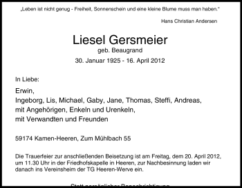 Traueranzeige von Liesel Gersmeier von Tageszeitung