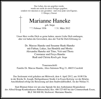Traueranzeige von Marianne Haneke von Tageszeitung