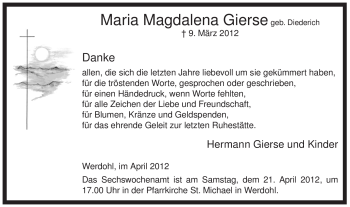 Traueranzeige von Maria Magdalena Gierse von Tageszeitung