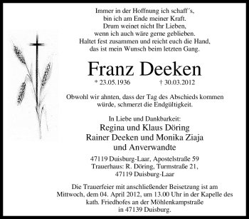 Traueranzeige von Franz Deeken von Tageszeitung
