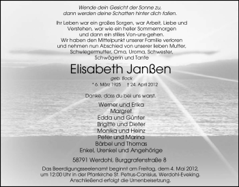 Traueranzeige von Elisabeth Janßen von Tageszeitung