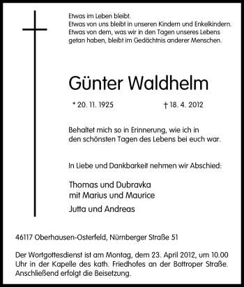 Traueranzeige von Günter Waldhelm von Tageszeitung