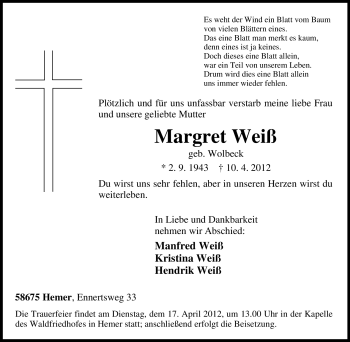 Traueranzeige von Margret Weiß von Tageszeitung
