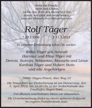 Traueranzeige von Rolf Täger von Tageszeitung