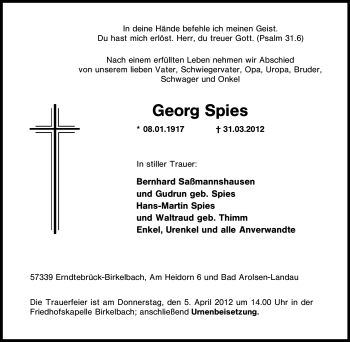 Traueranzeige von Spies Unbekannt von Tageszeitung