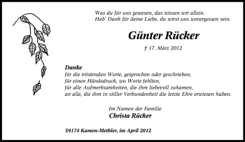 Traueranzeige von Günter Rücker von Tageszeitung