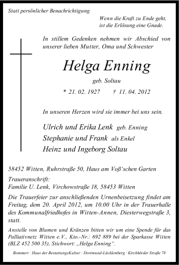Traueranzeige von Helga Enning von Tageszeitung