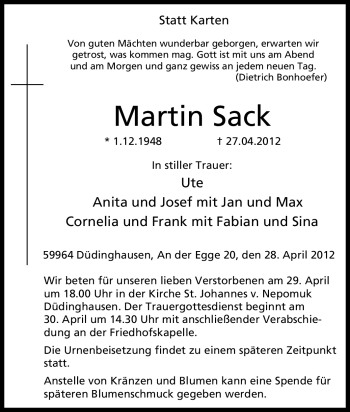 Traueranzeige von Martin Sack von Tageszeitung