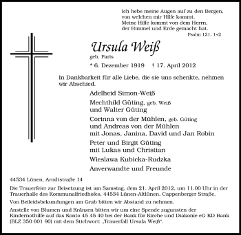 Traueranzeige von Ursula Weiß von Tageszeitung
