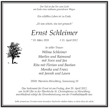 Traueranzeige von Ernst Schleimer von Tageszeitung
