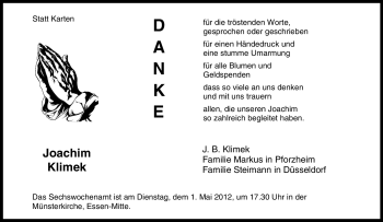 Traueranzeige von Joachim Klimek von Tageszeitung
