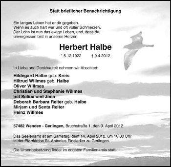 Traueranzeige von Herbert Halbe von Tageszeitung