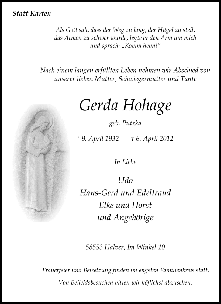  Traueranzeige für Gerda Hohage vom 10.04.2012 aus Tageszeitung