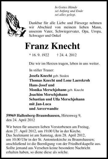 Traueranzeige von Franz Knecht von Tageszeitung