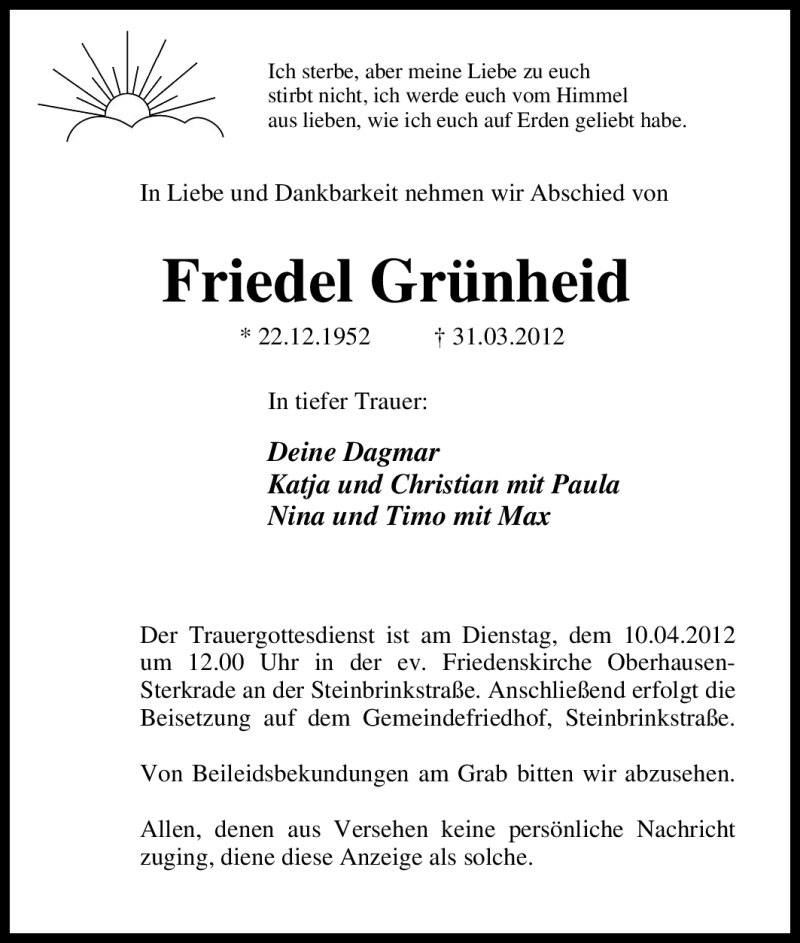  Traueranzeige für Friedel Grünheid vom 04.04.2012 aus Tageszeitung