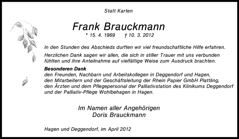  Traueranzeige für Frank Brauckmann vom 14.04.2012 aus Tageszeitung