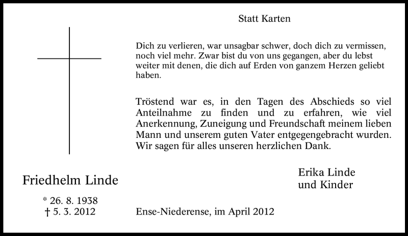  Traueranzeige für Friedhelm Linde vom 14.04.2012 aus Tageszeitung