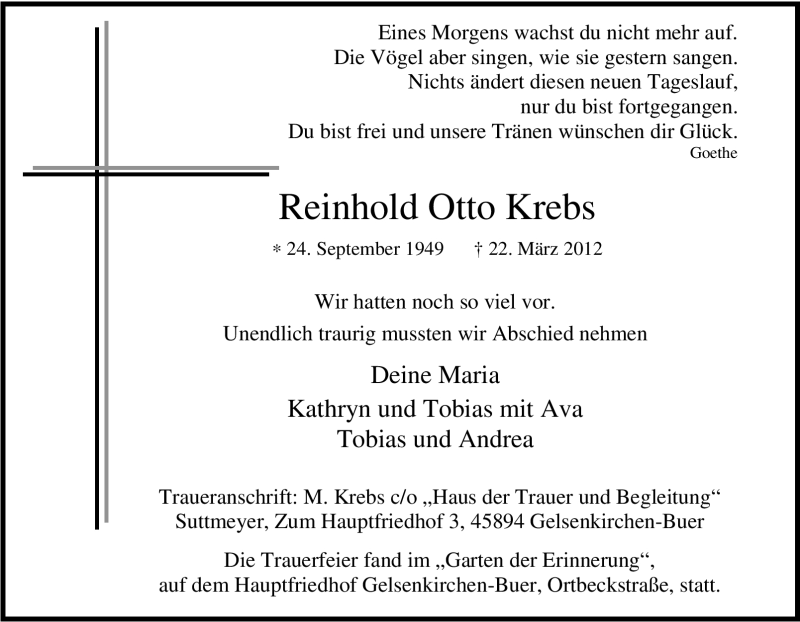  Traueranzeige für Reinhold Otto Krebs vom 02.04.2012 aus Tageszeitung