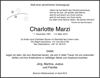 Traueranzeige von Charlotte Marzi von Tageszeitung