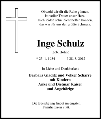 Traueranzeige von Inge Schulz von Tageszeitung