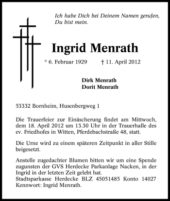 Traueranzeige von Ingrid Menrath von Tageszeitung