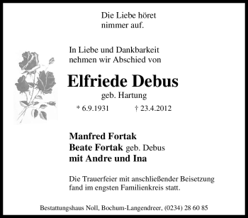 Traueranzeige von Elfriede Debus von Tageszeitung