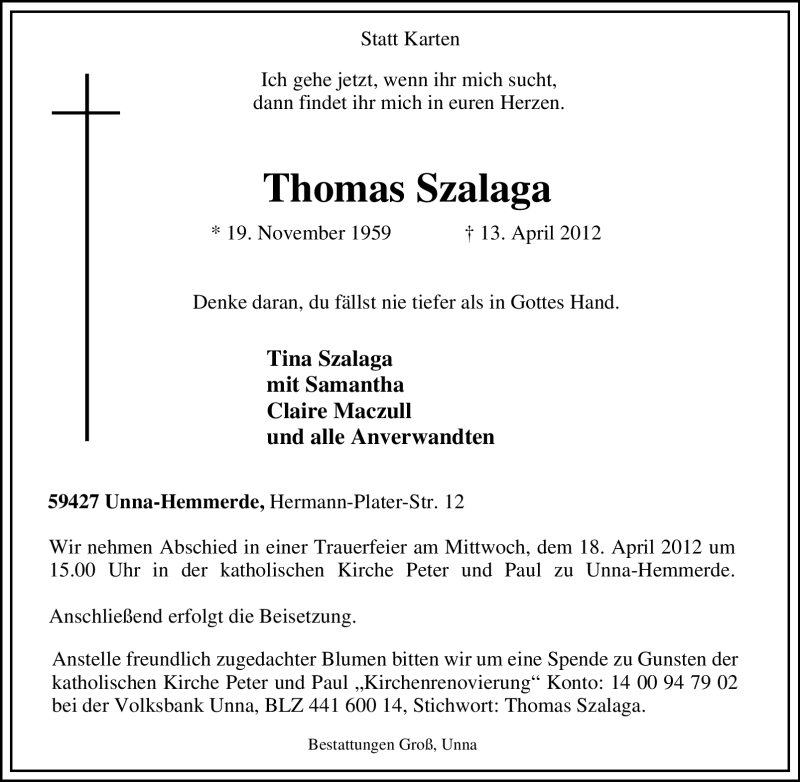  Traueranzeige für Thomas Szalaga vom 16.04.2012 aus Tageszeitung