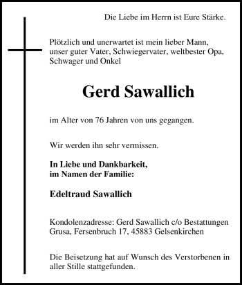 Traueranzeige von Gerd Sawallich von Tageszeitung