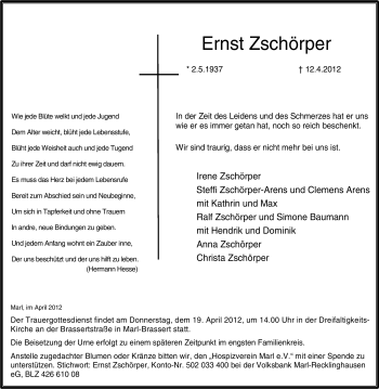 Traueranzeige von Ernst Zschörper von Tageszeitung
