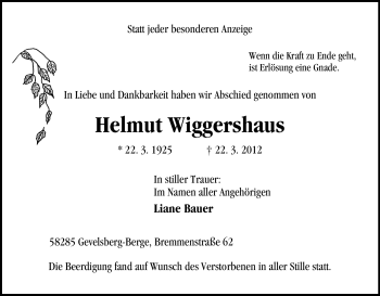 Traueranzeige von Helmut Wiggershaus von Tageszeitung