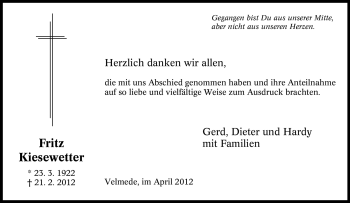Traueranzeige von Fritz Kiesewetter von Tageszeitung