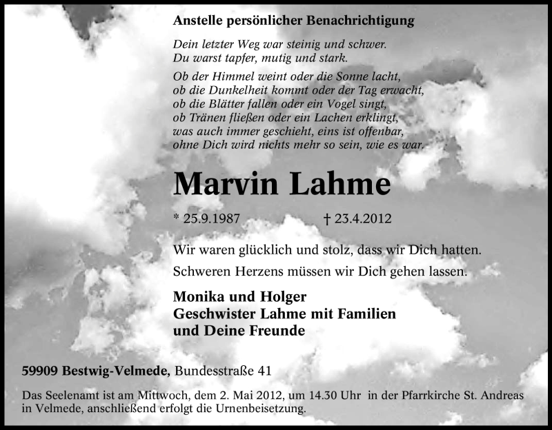  Traueranzeige für Marvin Lahme vom 27.04.2012 aus Tageszeitung