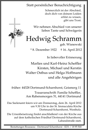 Traueranzeige von Hedwig Schramm von Tageszeitung